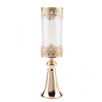 Antique Metal Candle Holder Glass Hurricane Vase Crystal Draped Pillar Stand   292629672712
